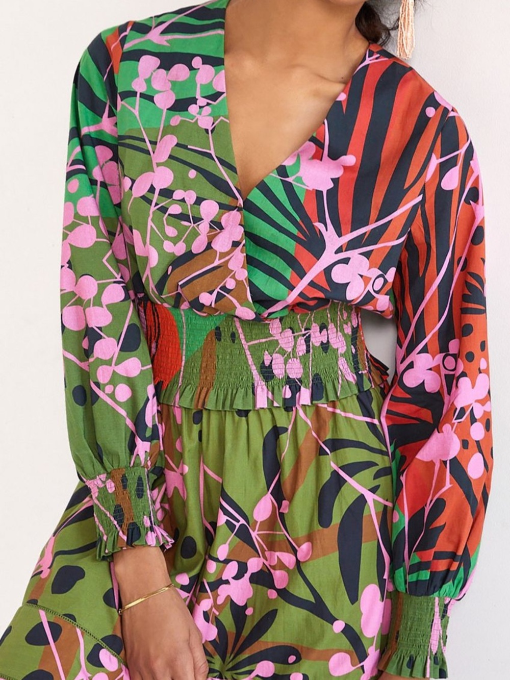 Roopa Pemmaraju Anthropologie Abstract Smocked Surplice Blouse in Green Sz M